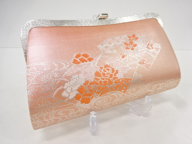 リサイクル　佐賀錦　地紙に牡丹･観世水模様織り出し和装バッグ